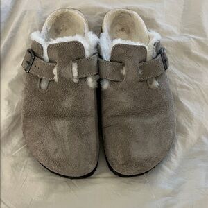 Birkenstock Gray Suede Mules with White Fur Lining